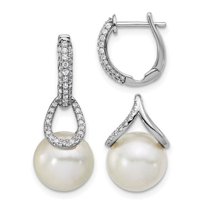 14K White Gold 10-11 White Round Freshwater Cultured Pearl .41 carat Diamond Hinged Hoop Earrings with Removable Dangles
