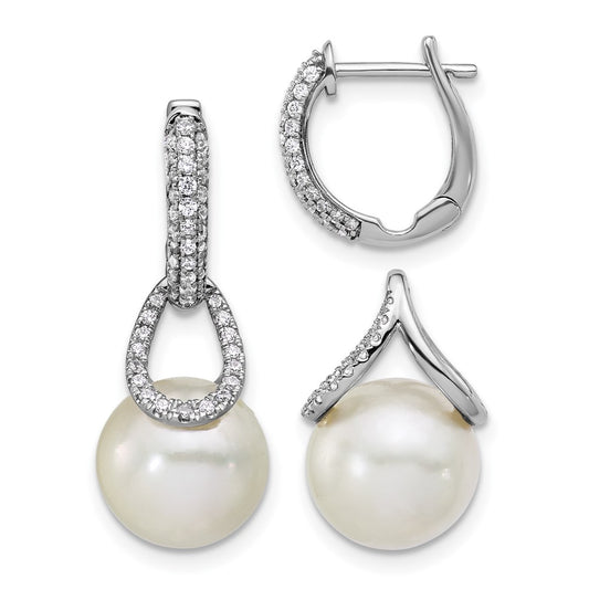 14K White Gold 10-11 White Round Freshwater Cultured Pearl .41 carat Diamond Hinged Hoop Earrings with Removable Dangles