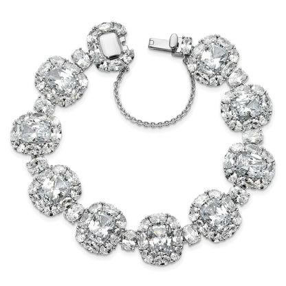 Cheryl M Sterling Silver Rhodium-plated Polished Fancy Cushion-cut CZ Halo Cluster with Safety Chain Bracelet
