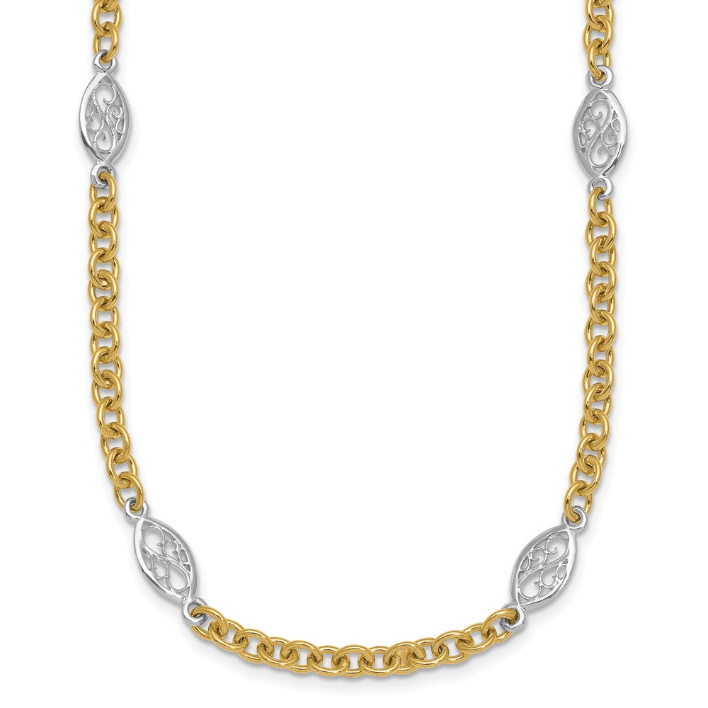 14K Two-Tone Gold Two-tone Polished 6.5mm Fancy Cable Chain and Filigree Oval 18 Inch Necklace