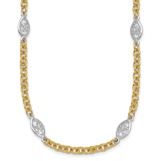 14K Two-Tone Gold Two-tone Polished 6.5mm Fancy Cable Chain and Filigree Oval 18 Inch Necklace