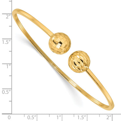 14K Yellow Gold Polished and Diamond-cut 10mm Ball 2.00mm Flexible Oval Cuff Bangle Bracelet