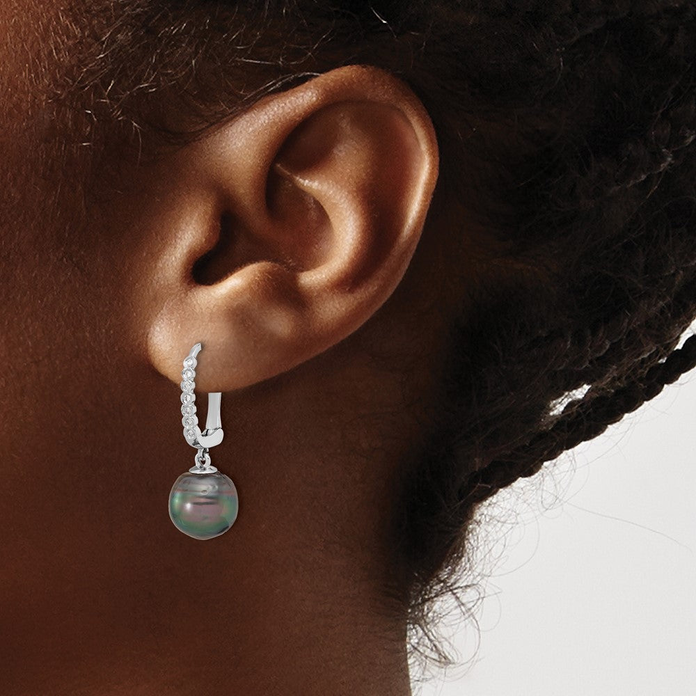 14K White Gold 9-10mm Black Round Tahitian Saltwater Cultured Pearl and .07 Carat Diamond Leverback Dangle Earrings