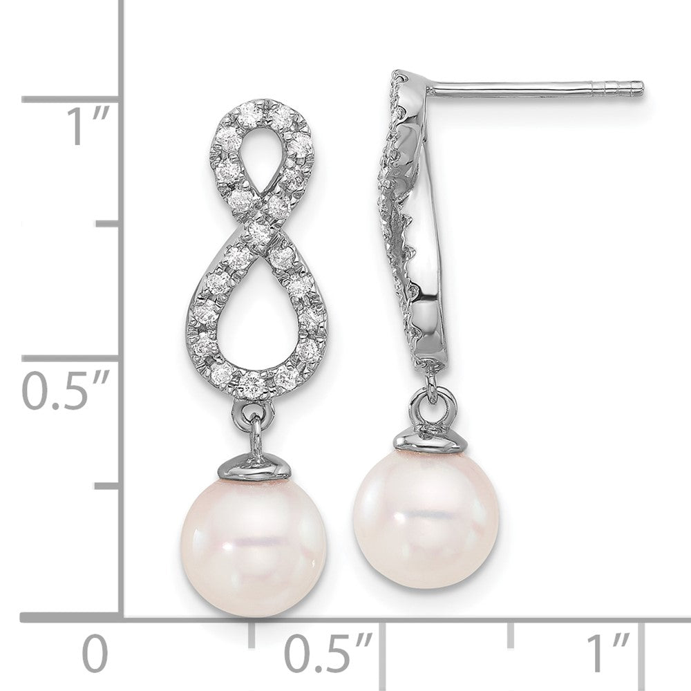 14K White Gold 7-8mm White Round Akoya Saltwater Cultured Pearl and .40 Carat Diamond Infinity Post Dangle Earrings