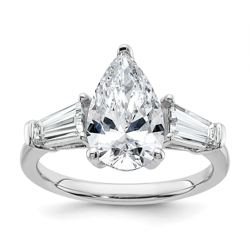14K White Gold 3 1/3 carat Certified Lab Grown Diamond VS+ F+ Pear and Tapered Baguette Complete Engagement Ring