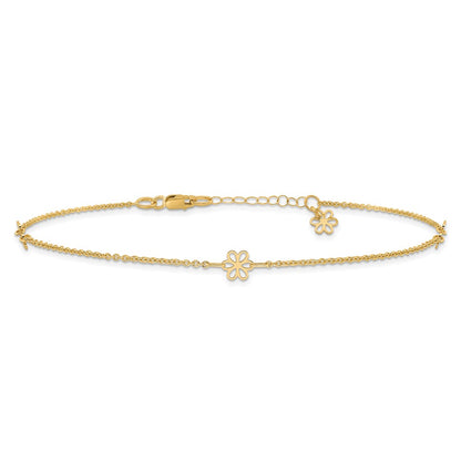 14K Yellow Gold Flowers 3-Station with Flower Dangle 10 Inch Plus 1 Inch Extender - Total 11 Inch Anklet