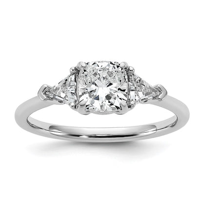 14K White Gold 1/2 carat Lab Grown Diamond VS+ F+ Triangle 1 carat Cushion Center Semi Mount Three Stone Engagement Ring