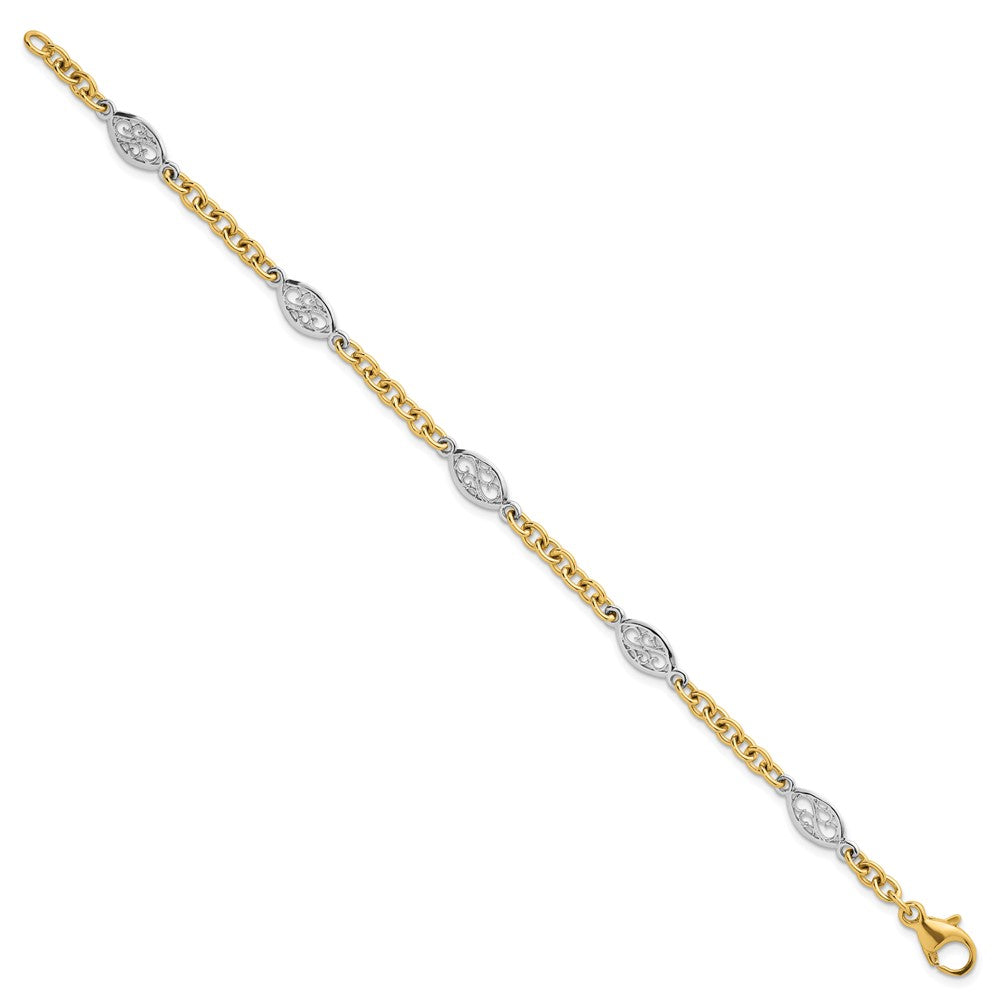 14K Two-Tone Gold Two-tone Polished 6.5mm Fancy Cable Chain and Filigree Oval 7.25 Inch Bracelet