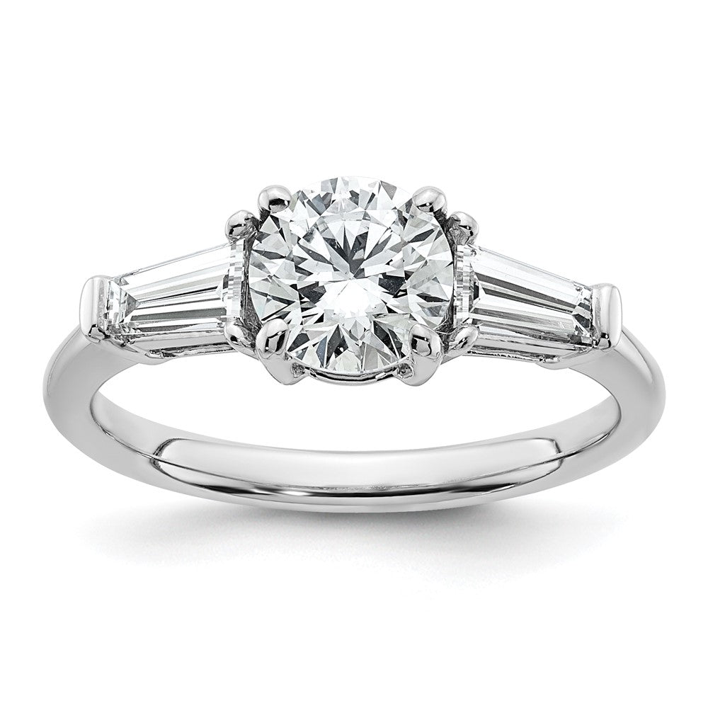 14K White Gold 1 1/2 carat Lab Grown Diamond VS+ F+ Round and Tapered Baguette Complete Three Stone Engagement Ring