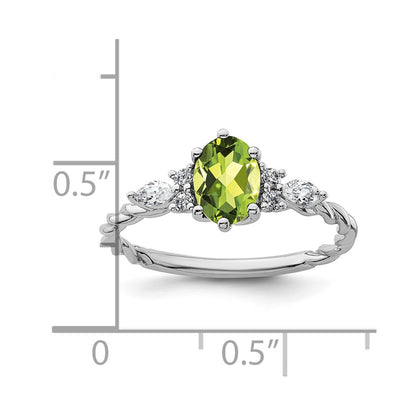 14K White Gold Diamond and 7x5 Oval August/Peridot Size 7 Twisted Ring