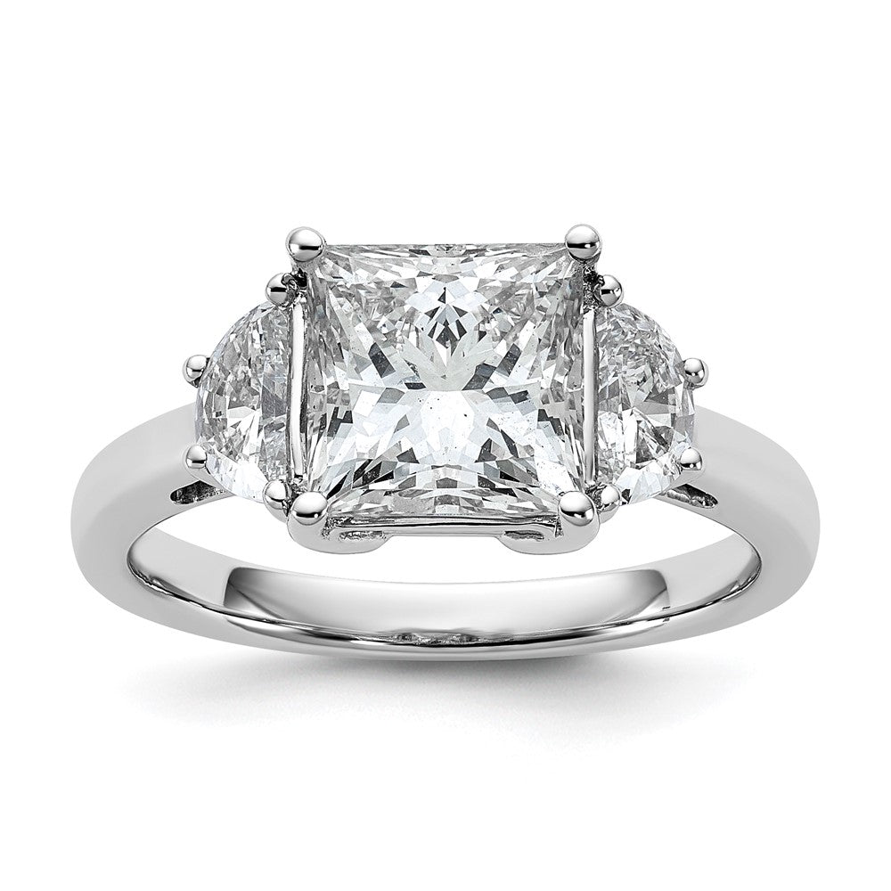 14K White Gold 3 1/8 carat Certified Lab Grown Diamond VS/SI+ G+ Princess and Half Moon Complete Three Stone Engagement Ring