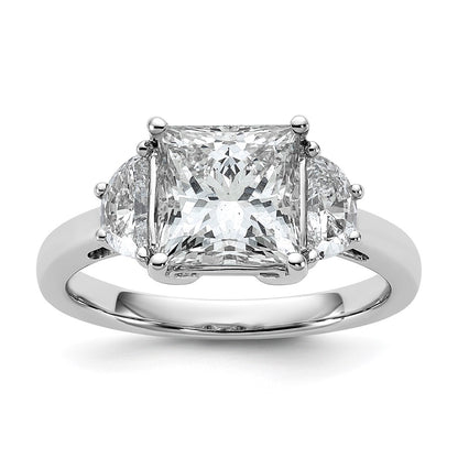 14K White Gold 3 1/8 carat Certified Lab Grown Diamond VS/SI+ G+ Princess and Half Moon Complete Three Stone Engagement Ring