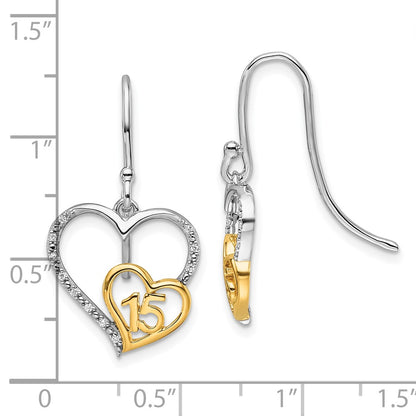 14K Two-Tone Gold Two-tone Polished 1/20 carat Diamond Quinceanera 15 Heart Dangle French Hook Earrings