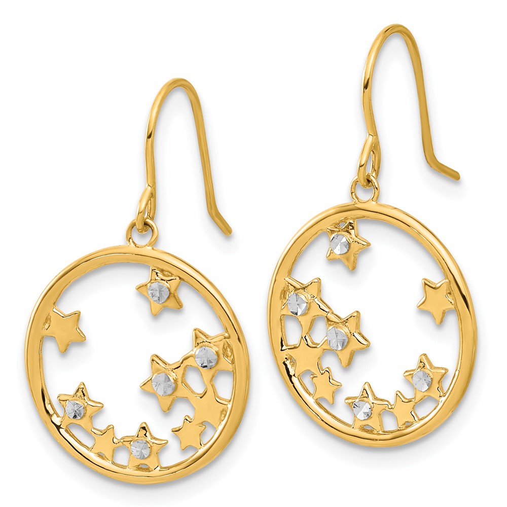 14K Yellow Gold and Rhodium Diamond-cut Stars in Circle Dangle French Hook Earrings