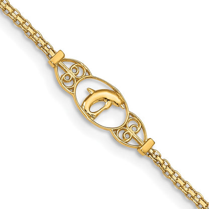 14K Yellow Gold Polished Dolphin and Filigree Bismark Chain 9 Inch Anklet