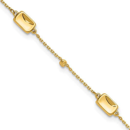 14K Yellow Gold Rectangle and Diamond-cut Bead 9 Inch Plus 1 Inch Extender - Total 10 Inch Anklet