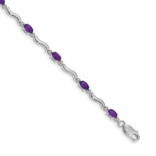 14K White Gold Complete Diamond and Oval Amethyst Wavy Link 7 Inch Bracelet