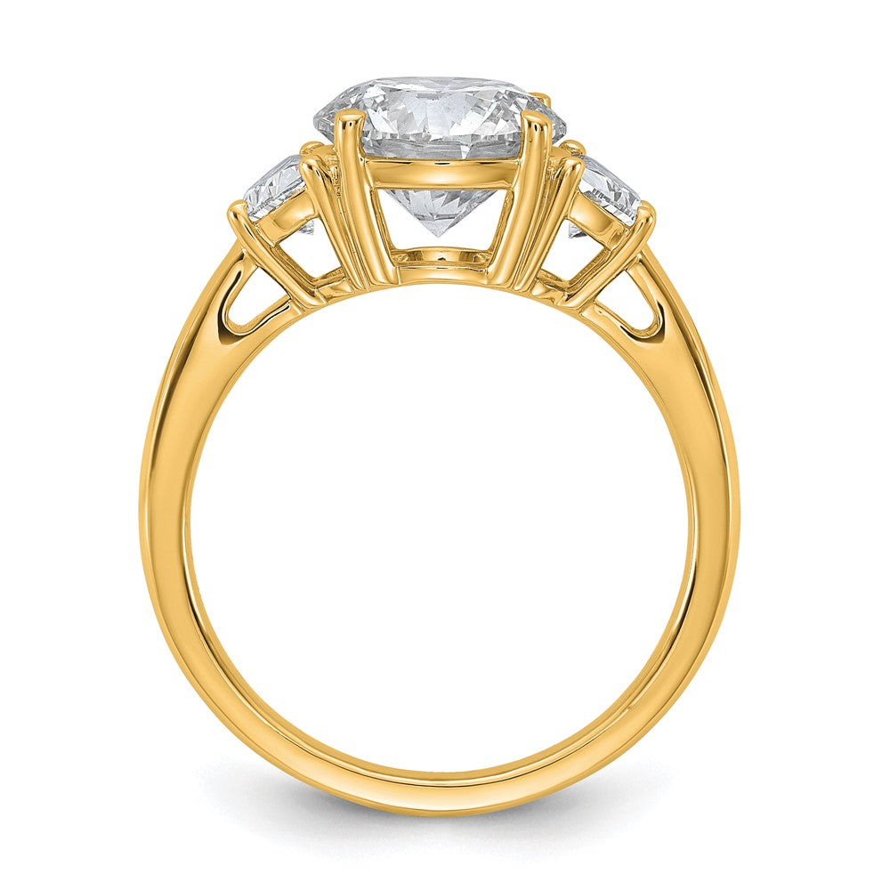 14K Yellow Gold 5/8 carat Lab Grown Diamond VS+ F+ 2 1/2 carat Center Round Semi Mount Three Stone Engagement Ring