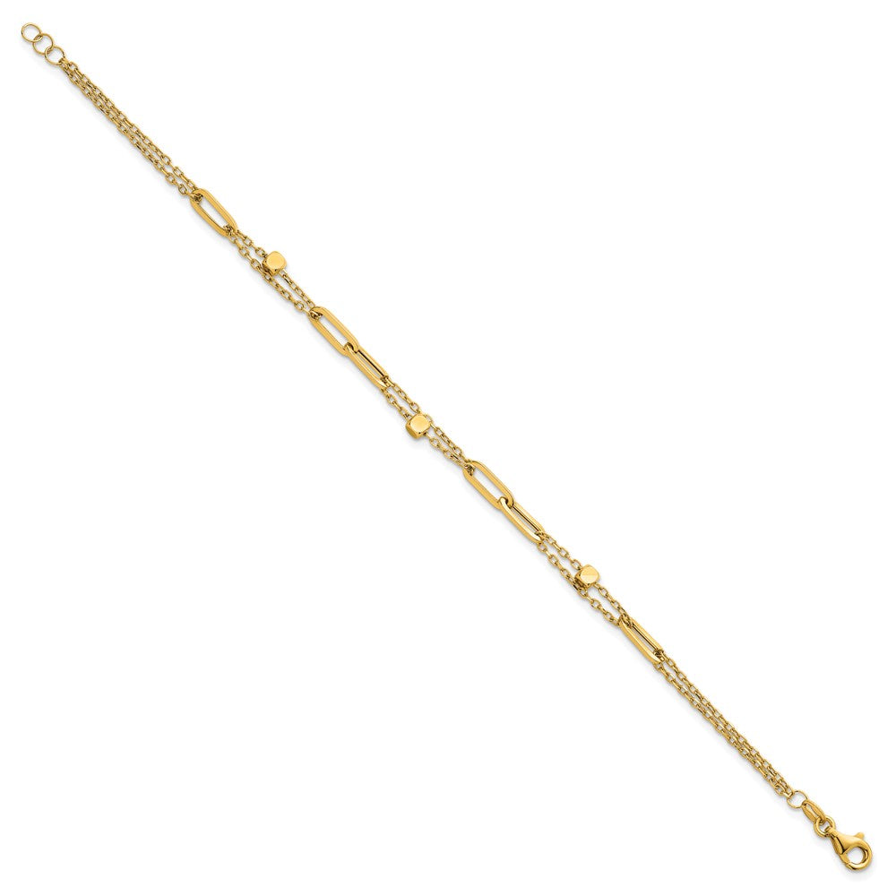 14K Yellow Gold Polished and Beaded 2-Strand with Fancy Paperclip Link 7.5 Inch Bracelet