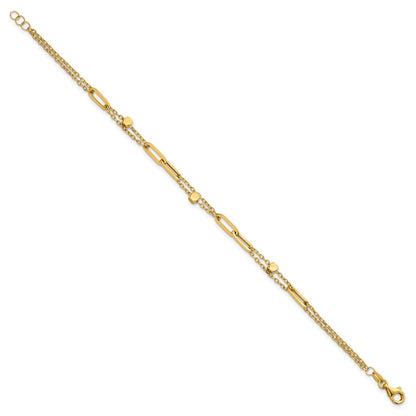 14K Yellow Gold Polished and Beaded 2-Strand with Fancy Paperclip Link 7.5 Inch Bracelet