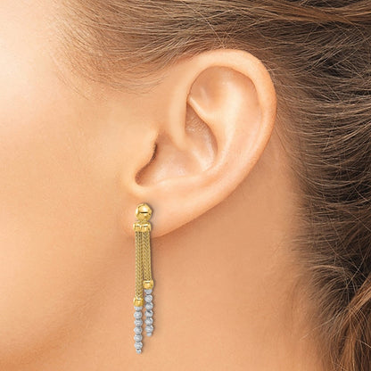 14K Two-Tone Gold Two-tone Polished and Diamond-cut Beads and Mesh Chain Dangle Post Earrings
