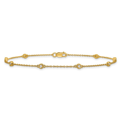 14K Yellow Gold Complete 1/8 carat Bezel-set Diamond and Cable Chain 8-Station 9 Inch Anklet
