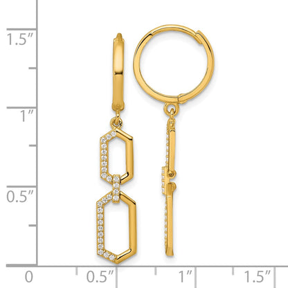 14K Yellow Gold Polished CZ Hexagon Dangle Round Hinged Hoop Earrings