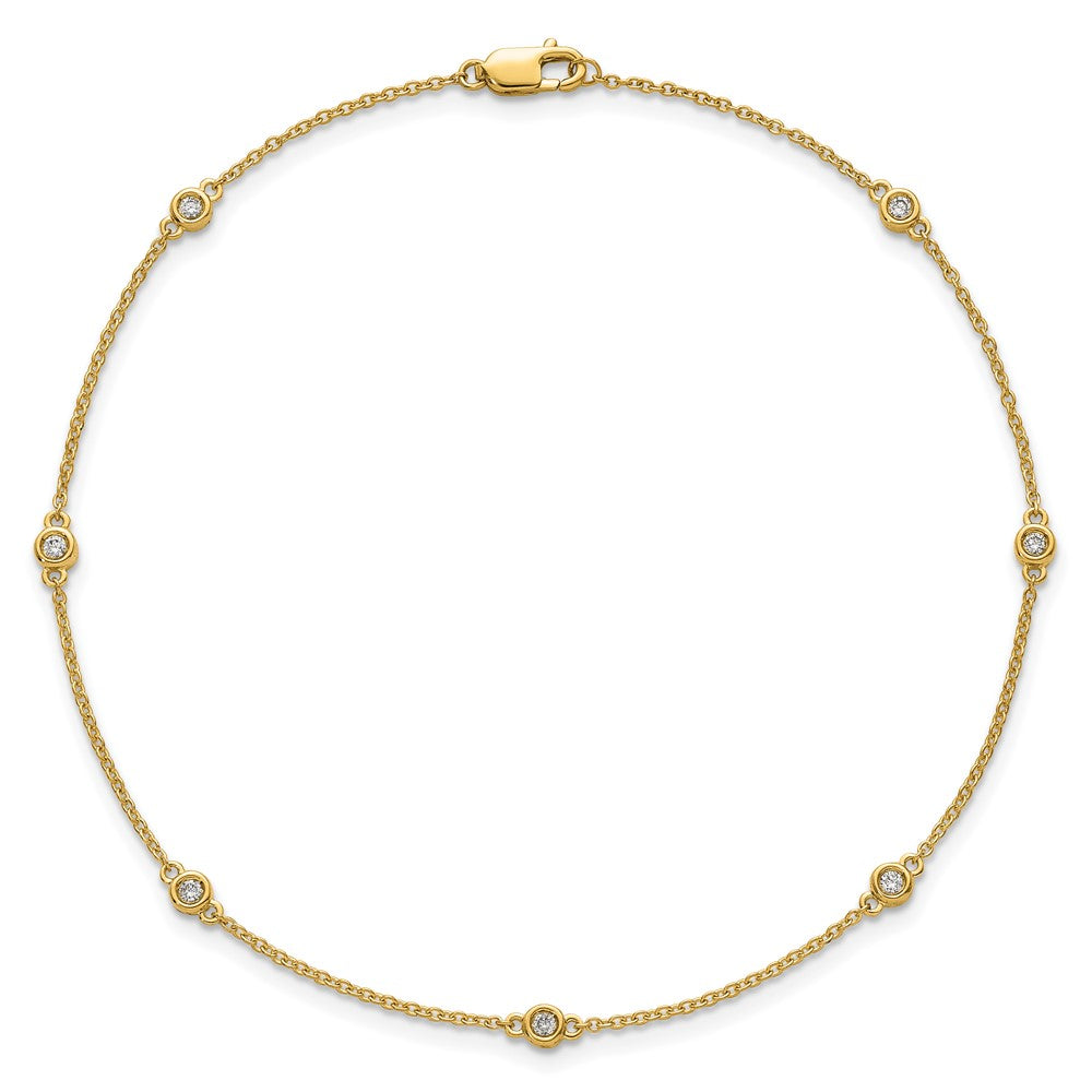 14K Yellow Gold Complete 1/6 carat Bezel-set Diamond and Cable Chain 7-Station 9 Inch Anklet