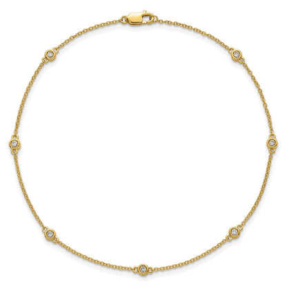 14K Yellow Gold Complete 1/6 carat Bezel-set Diamond and Cable Chain 7-Station 9 Inch Anklet