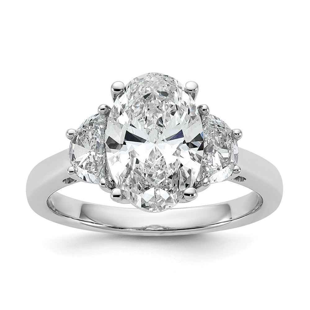 14K White Gold 5/8 carat Lab Grown Diamond VS/SI+ G+ Half Moon and 2 1/2 carat Oval Center Semi Mount Three Stone Engagement Ring