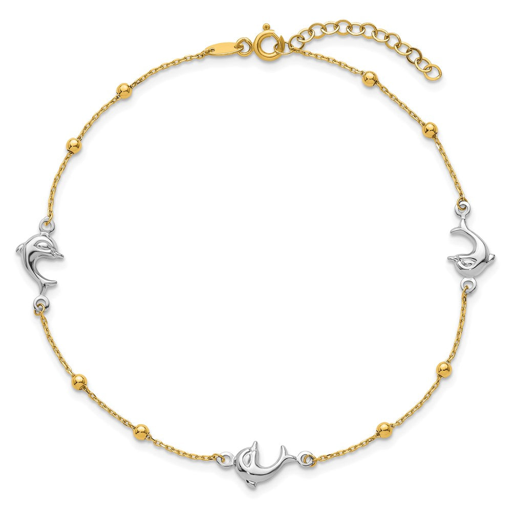 14K Two-Tone Gold Two-tone Beads and Three Dolphins 9 Inch Plus 1 Inch Extender - Total 10 Inch Anklet