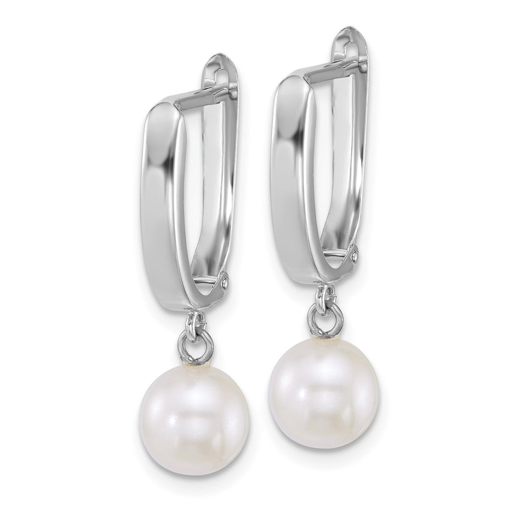 14K White Gold Polished 7-8mm Round White Freshwater Cultured Pearl Dangle Hoop Earrings