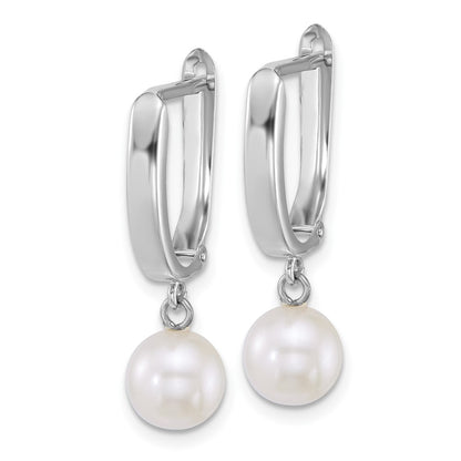14K White Gold Polished 7-8mm Round White Freshwater Cultured Pearl Dangle Hoop Earrings