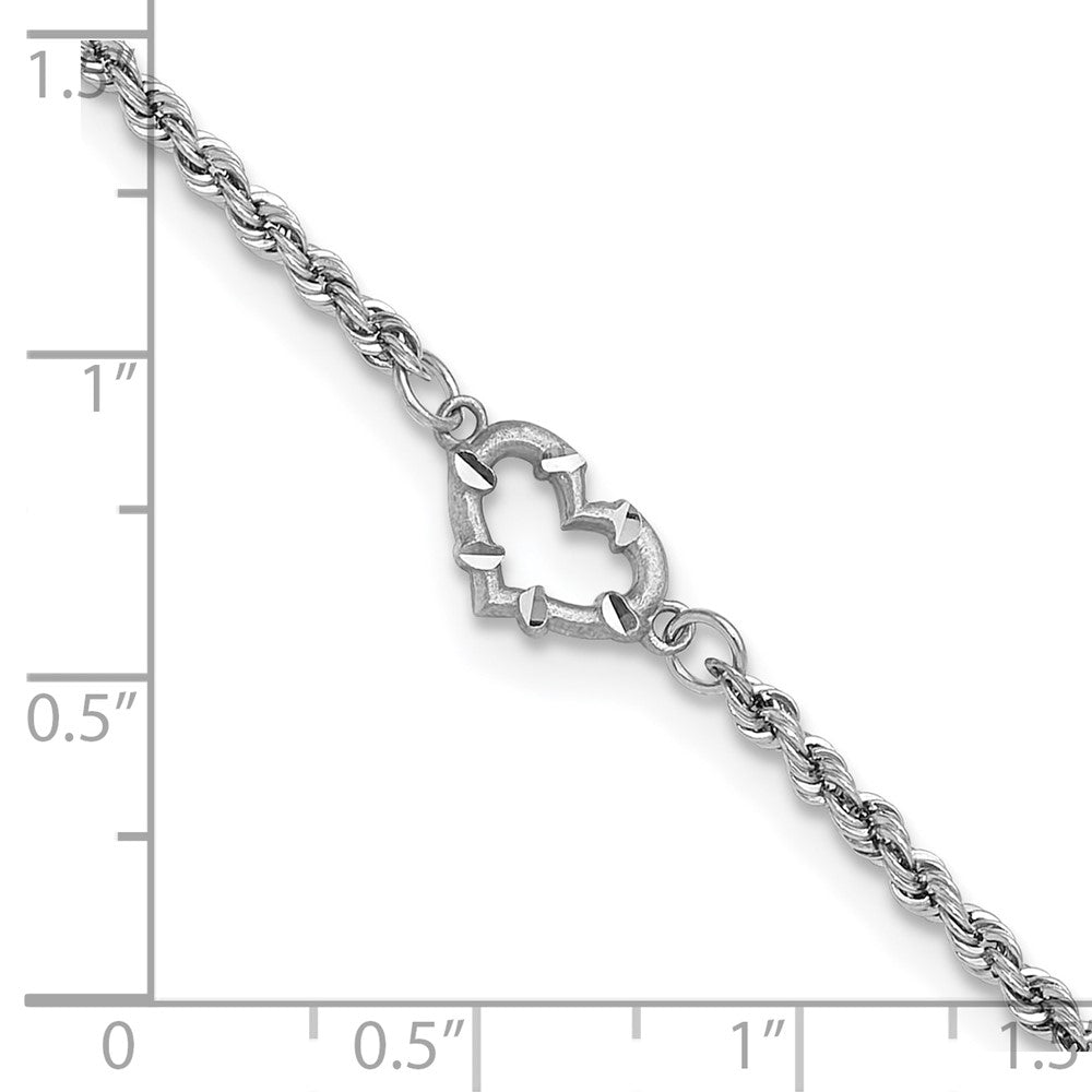 14K White Gold Diamond-cut Open Heart and Rope Chain 9 Inch Anklet