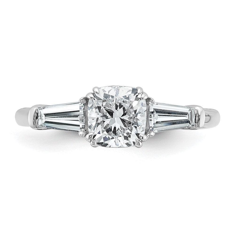 14K White Gold 1/2 carat Lab Grown Diamond VS+ F+ Tapered Baguette 1 carat Cushion Center Semi Mount Three Stone Engagement Ring