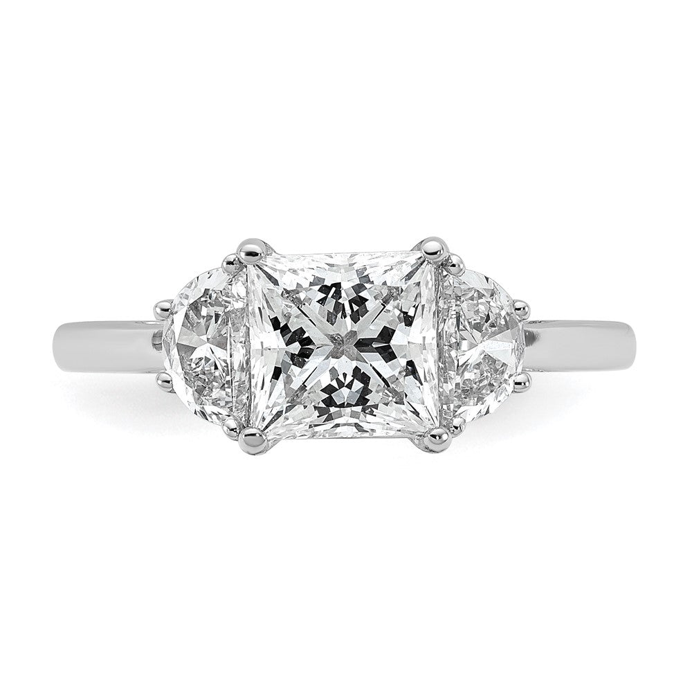 14K White Gold 1/2 carat Lab Grown Diamond VS+ F+ Half Moon 1 1/2 carat Princess Center Semi Mount Three Stone Engagement Ring