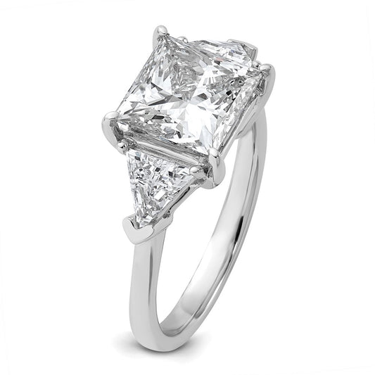 14K White Gold 4 1/8 carat Certified Lab Grown Diamond VS+ F+ Princess and Trillion Complete Three Stone Engagement Ring