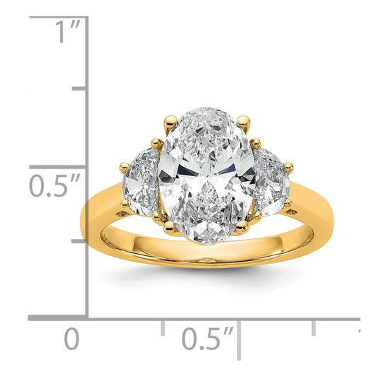 14K Yellow Gold 5/8 carat Lab Grown Diamond VS/SI+ G+ Half Moon and 2 1/2 carat Oval Center Semi Mount Three Stone Engagement Ring