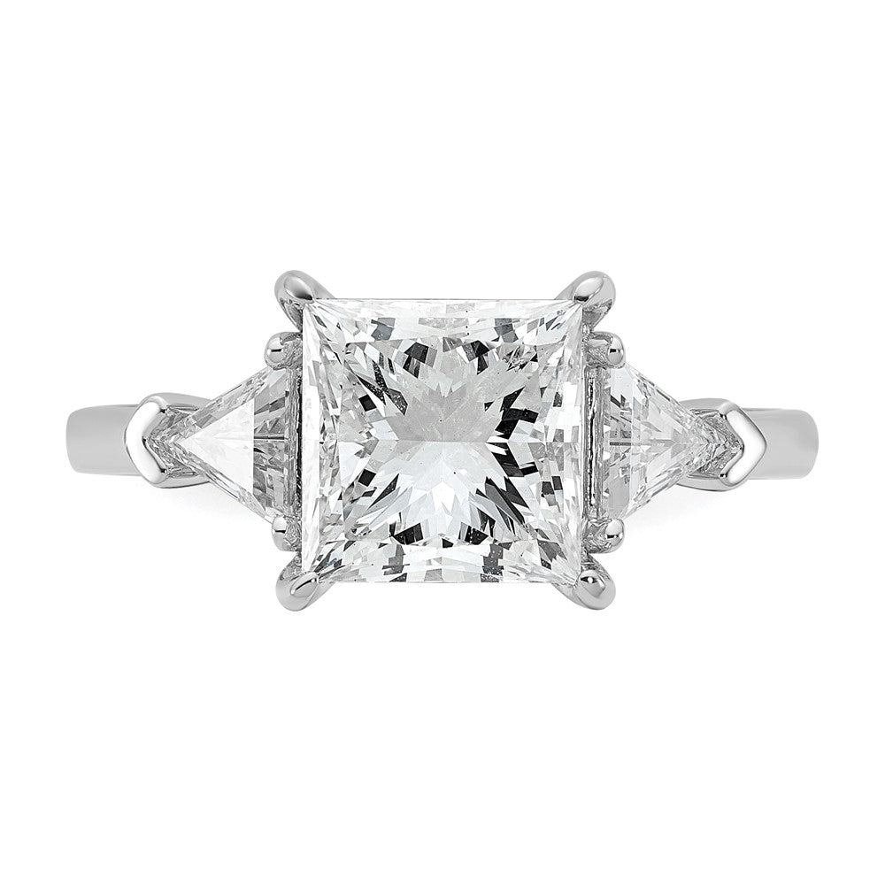 14K White Gold 3 1/8 carat Certified Lab Grown Diamond VS+ F+ Princess and Trillion Complete Three Stone Engagement Ring