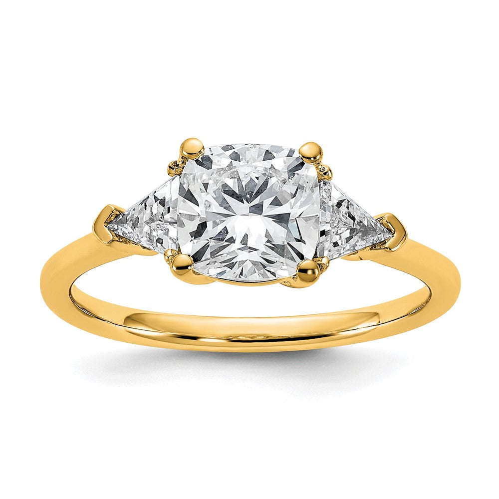14K Yellow Gold 1/2 carat Lab Grown Diamond VS/SI+ G+ Triangle 1 1/2 carat Cushion Center Semi Mount Three Stone Engagement Ring