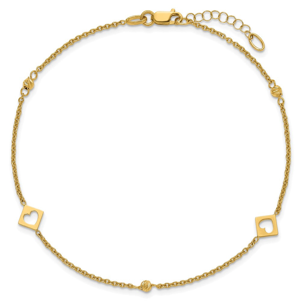 14K Yellow Gold Polished Cut-out Hearts and Diamond-cut Beads 9 Inch Plus 1 Inch Extender - Total 10 Inch Anklet