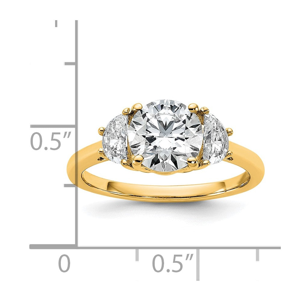 14K Yellow Gold 1/2 carat Lab Grown Diamond VS+ F+ 1 1/2 carat Center Round Semi Mount Three Stone Engagement Ring