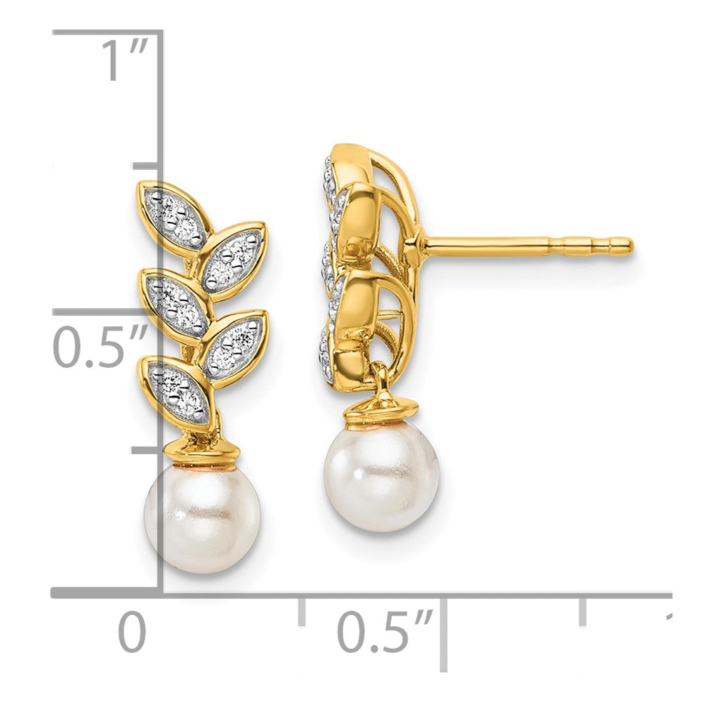 14K Yellow Gold Polished 1/10 carat Diamond and Freshwater Cultured Pearl Leaf Design Dangle Post Earrings