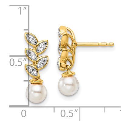 14K Yellow Gold Polished 1/10 carat Diamond and Freshwater Cultured Pearl Leaf Design Dangle Post Earrings