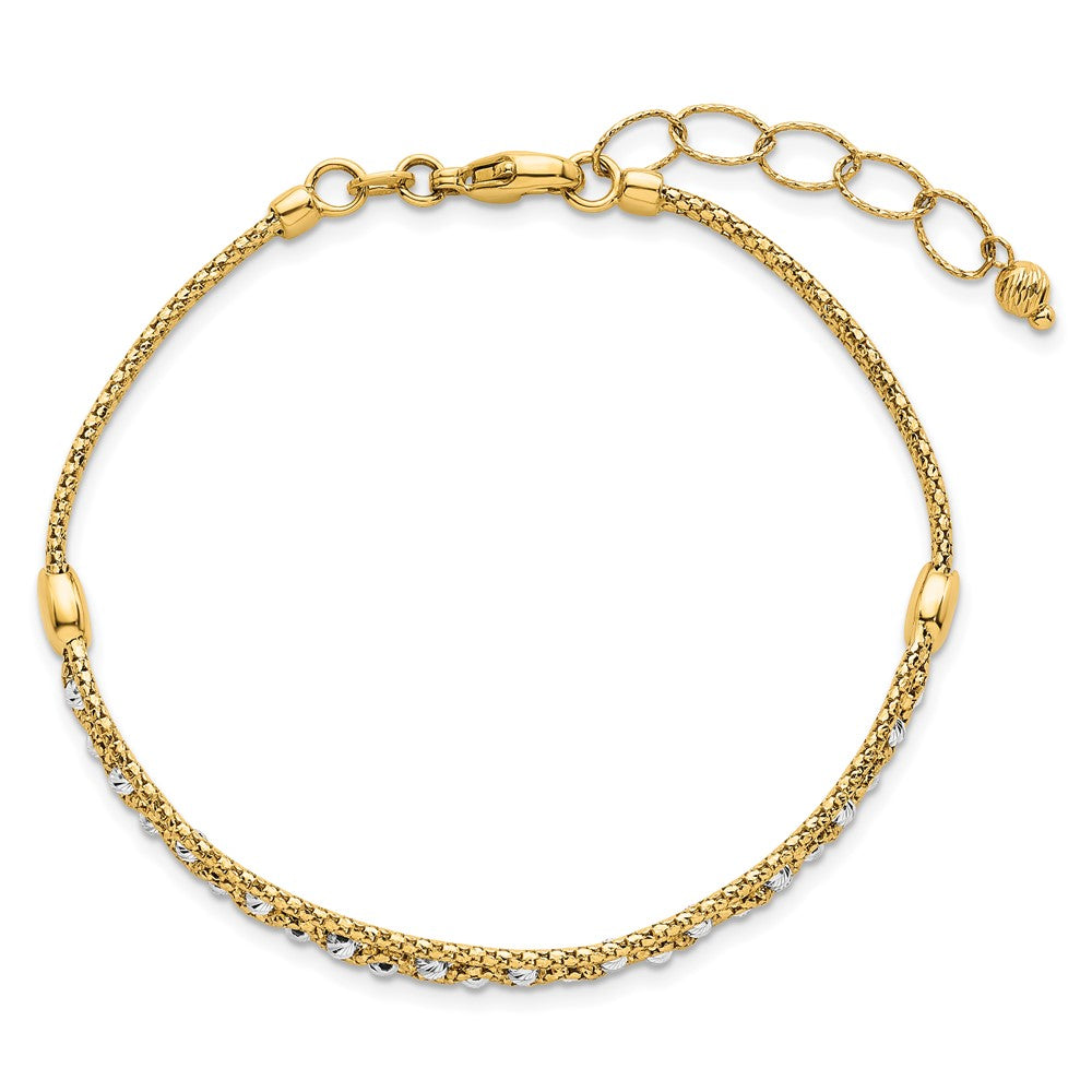 14K Two-Tone Gold Textured Diamond-cut 7mm Beaded 7.5 Inch Bracelet Plus 1 Inch Extender