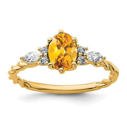 14K Yellow Gold Diamond and 7x5 Oval November/Citrine Size 7 Twisted Ring