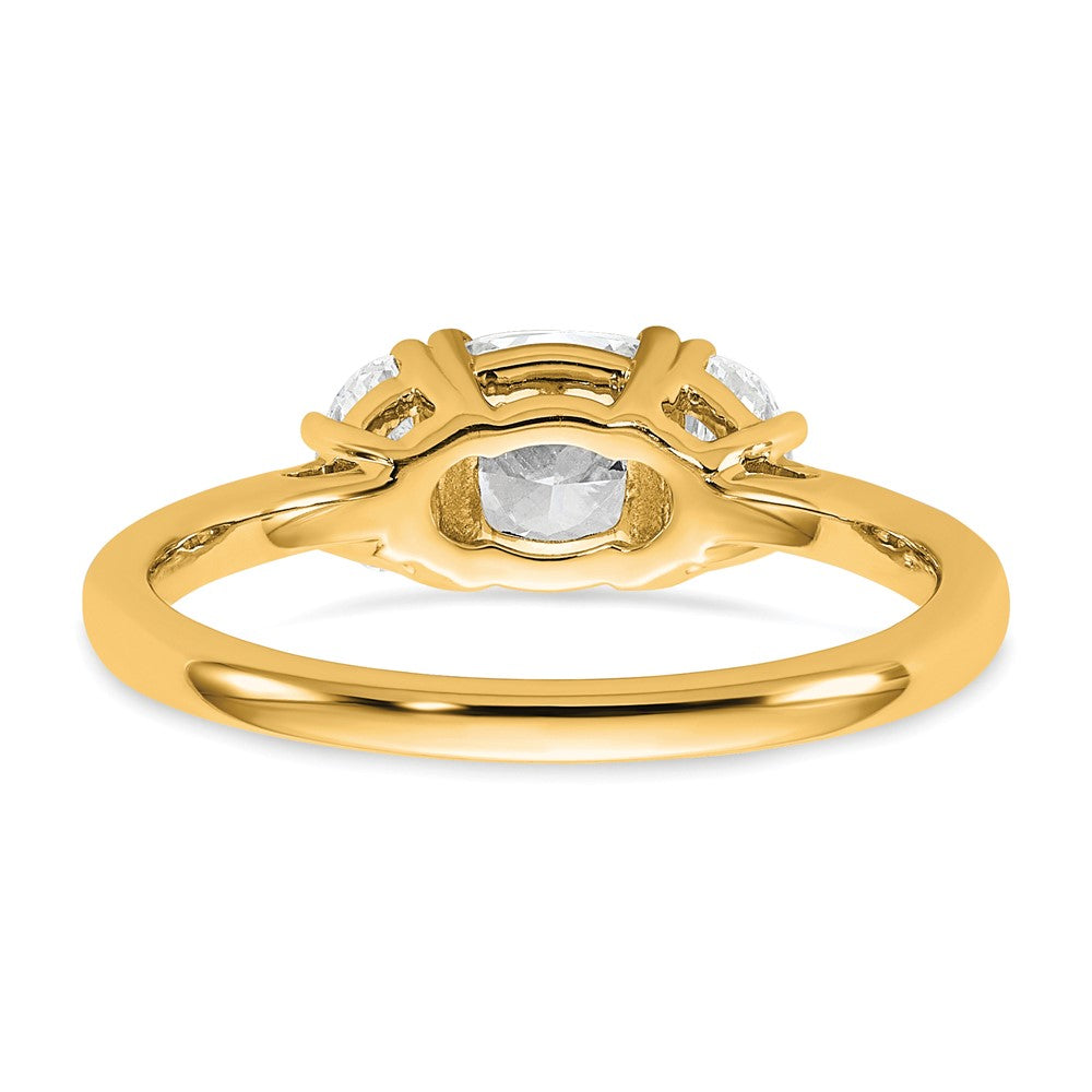 14K Yellow Gold 1 3/8 carat Certified Lab Grown Diamond VS+ F+ Complete Cushion and Half Moon Three Stone Engagement Ring