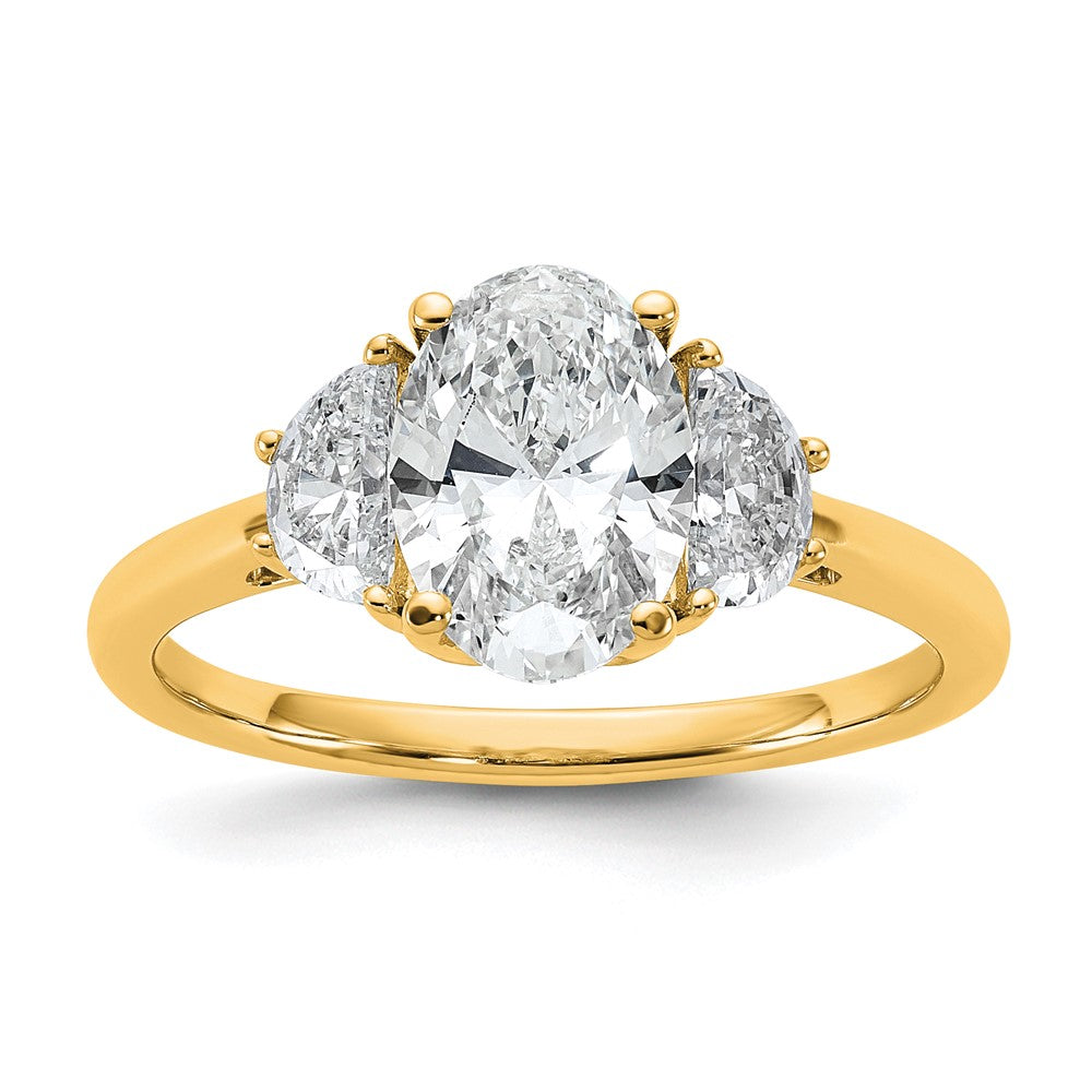 14K Yellow Gold 1/2 carat Lab Grown Diamond VS/SI+ G+ Half Moon and 1 1/2 carat Oval Center Semi Mount Three Stone Engagement Ring