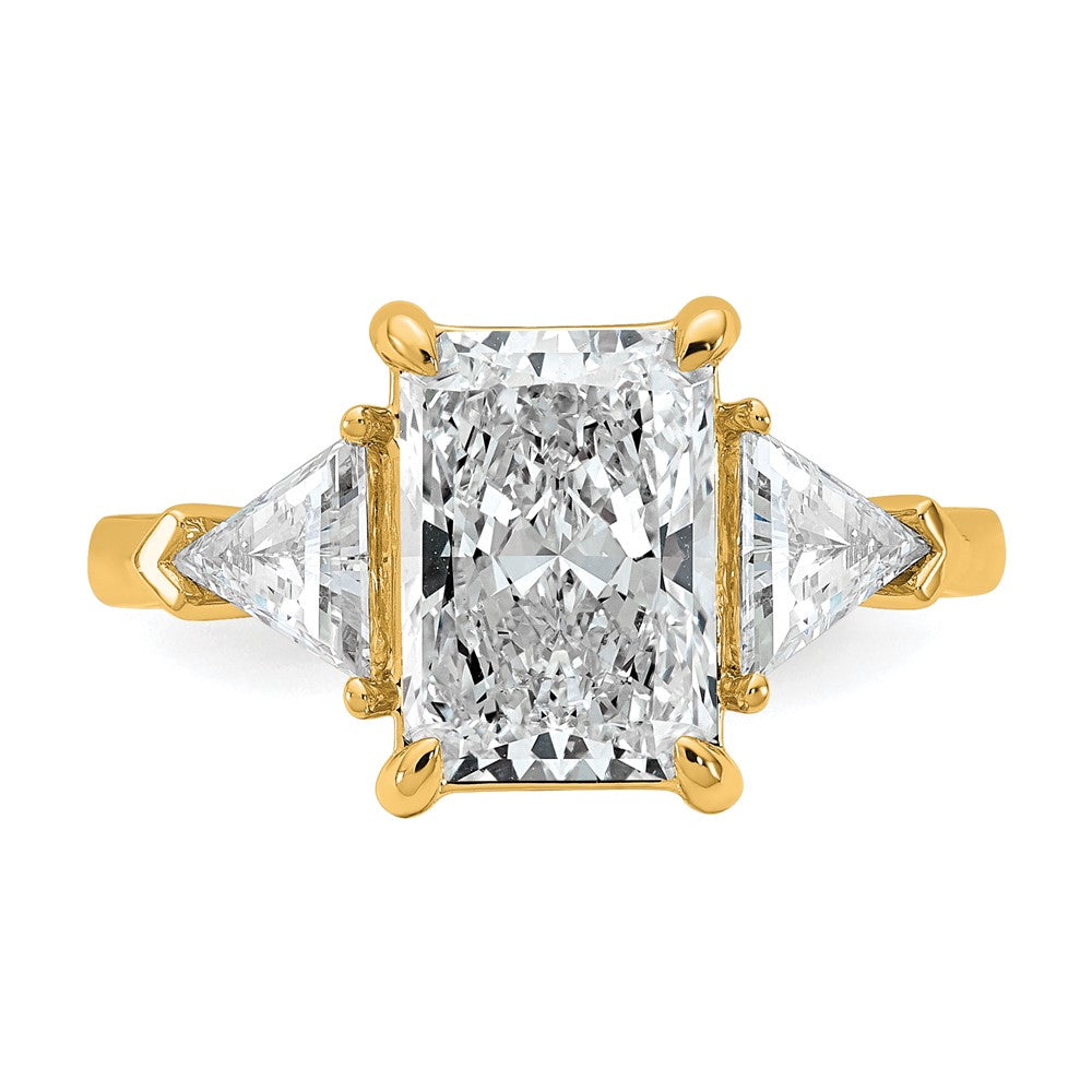14K Yellow Gold 3 5/8 carat Certified Lab Grown Diamond VS+ F+ Radiant and Triangle Complete Three Stone Engagement Ring