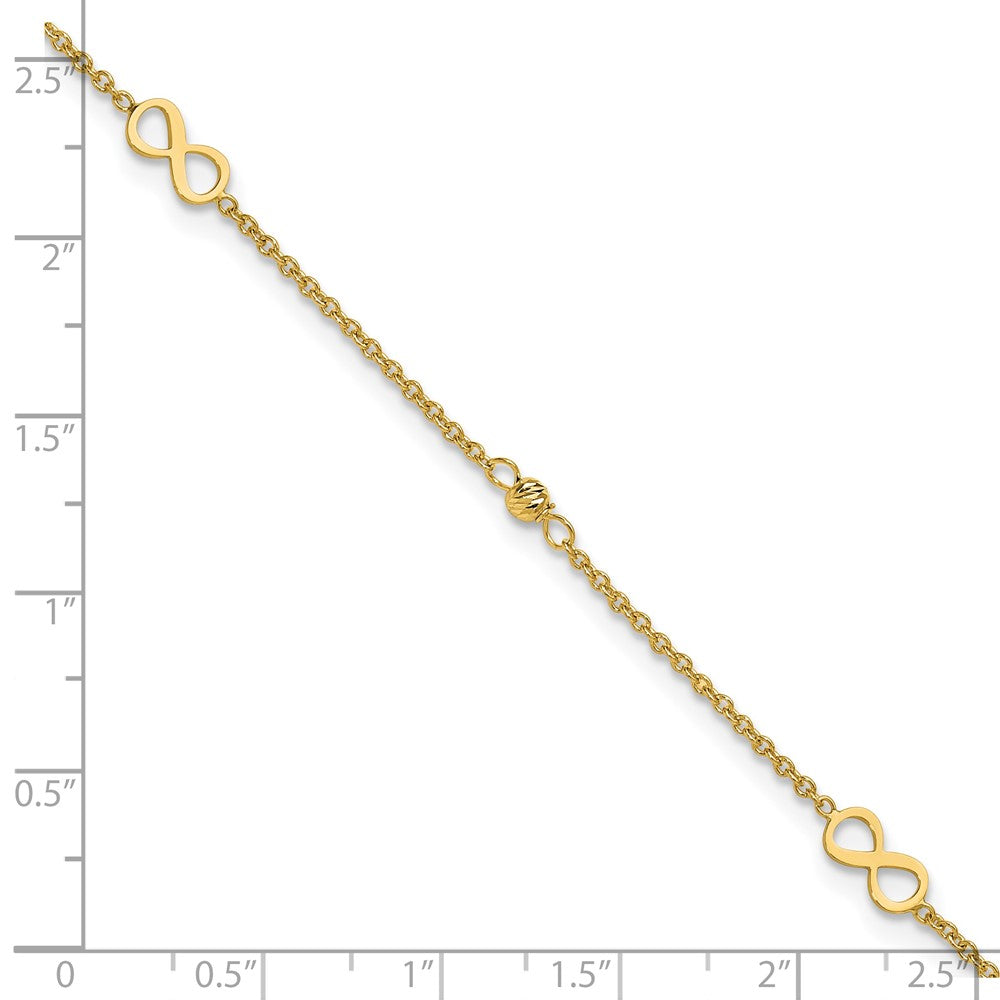 14K Yellow Gold Infinity and Diamond-cut Bead 9 Inch Plus 1 Inch Extender - Total 10 Inch Anklet
